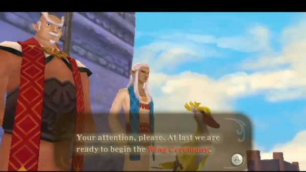 Skyloft instructor with white hair stands beside a broad-shouldered man in a red sash as the Wing Ceremony is announced. Skyloft instructor with white hair stands beside a broad-shouldered man in a red sash as the Wing Ceremony is announced.