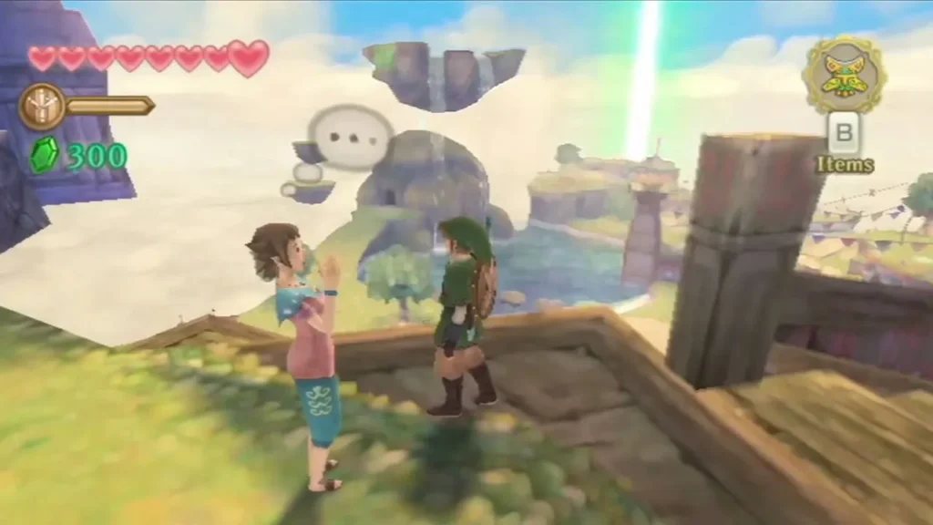A woman in a pink top and teal trousers speaks to Link on a ledge. A woman in a pink top and teal trousers speaks to Link on a ledge.