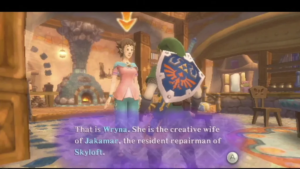 The caption names the woman in the pink top as Wryna, the creative wife of Jakamar, Skyloft's repairman. The caption names the woman in the pink top as Wryna, the creative wife of Jakamar, Skyloft's repairman.