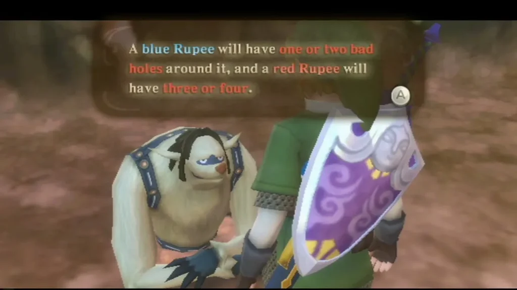 A caption says a blue Rupee has one or two bad holes around it, and a red Rupee has three or four. A caption says a blue Rupee has one or two bad holes around it, and a red Rupee has three or four.