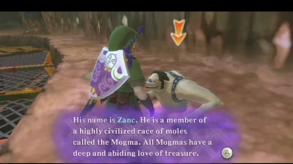 A caption names Zanc, a member of the Mogma mole race, as he crouches before Link by the dig course. A caption names Zanc, a member of the Mogma mole race, as he crouches before Link by the dig course.