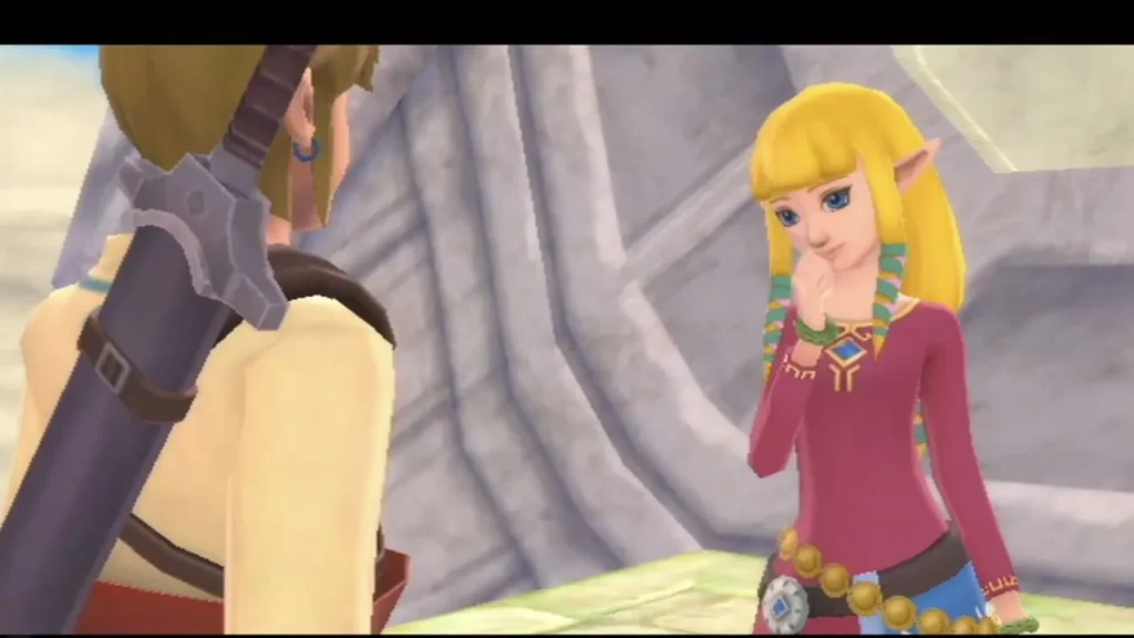 Zelda in her red tunic rests a hand on her chin as Link stands beside her against a stone wall. Zelda in her red tunic rests a hand on her chin as Link stands beside her against a stone wall.