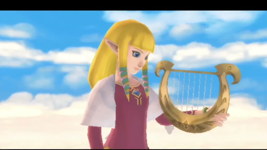 Zelda plays a golden harp against a blue sky above the clouds, dressed in red and white. Zelda plays a golden harp against a blue sky above the clouds, dressed in red and white.