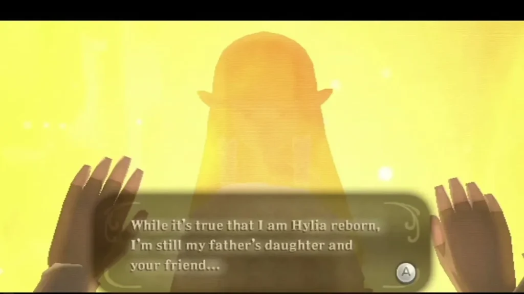 Zelda glows in golden light as her box says she is Hylia reborn and still Link's friend. Zelda glows in golden light as her box says she is Hylia reborn and still Link's friend.
