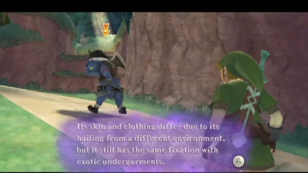 Fi's box describes a blue Bokoblin's skin and clothing as it walks a stone path in the Deep Woods. Fi's box describes a blue Bokoblin's skin and clothing as it walks a stone path in the Deep Woods.