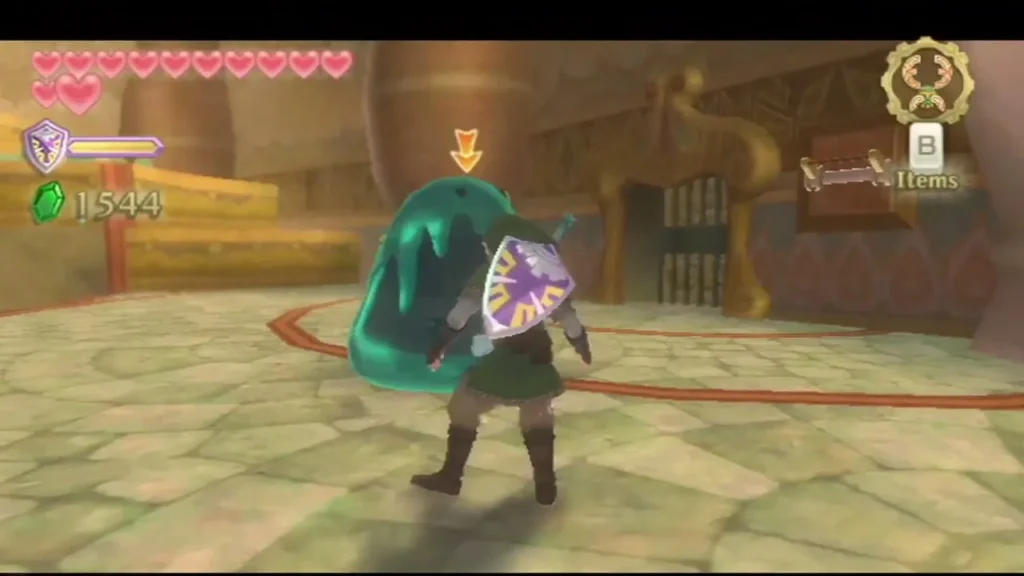 A big teal Blue Chuchu looms beside Link on the red-lined floor of the Ancient Cistern A big teal Blue Chuchu looms beside Link on the red-lined floor of the Ancient Cistern
