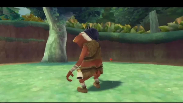 A Bokoblin Leader in a dark hood walks across a Faron Woods clearing with a pale horn at its belt A Bokoblin Leader in a dark hood walks across a Faron Woods clearing with a pale horn at its belt