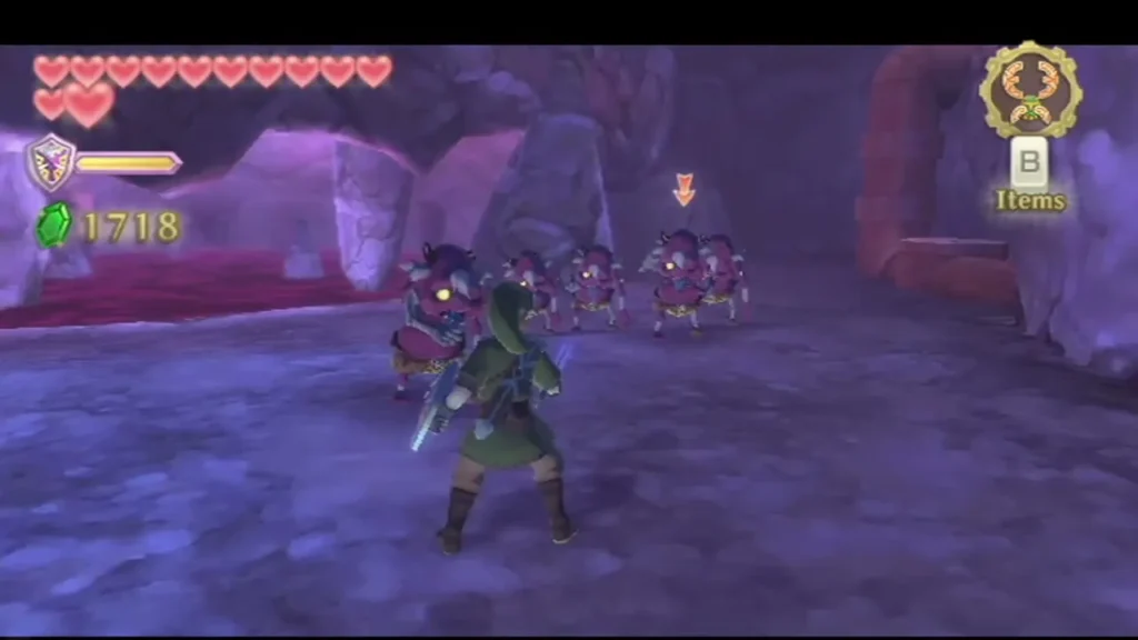 Link with his sword drawn faces a group of Cursed Bokoblins in a purple cave of the Ancient Cistern. Link with his sword drawn faces a group of Cursed Bokoblins in a purple cave of the Ancient Cistern.