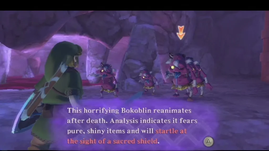 Pink undead Bokoblins in a purple cave; the box says they startle at the sight of a sacred shield. Pink undead Bokoblins in a purple cave; the box says they startle at the sight of a sacred shield.
