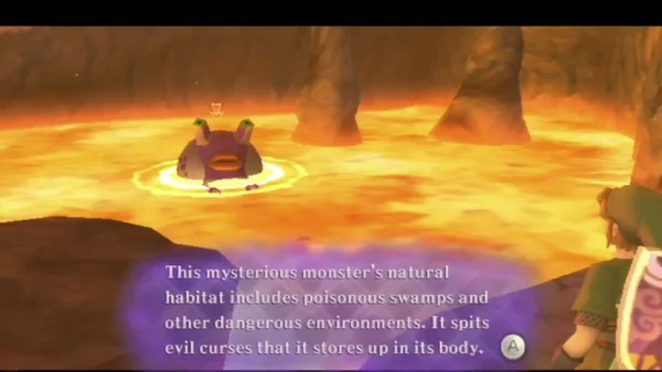 A dark-purple creature sits on a lava lake as a text box says it spits evil curses stored in its body. A dark-purple creature sits on a lava lake as a text box says it spits evil curses stored in its body.