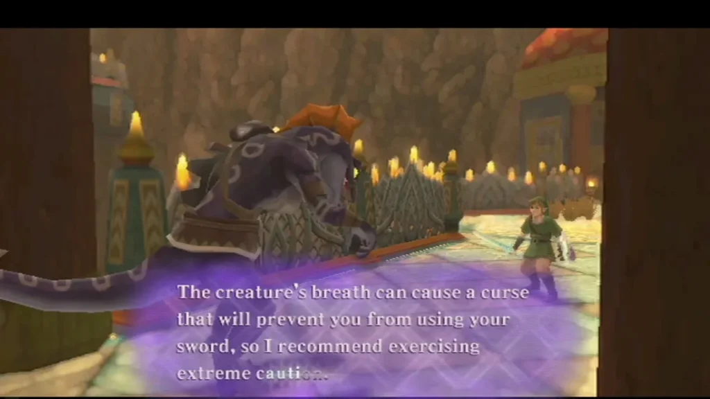 Fi's card warns that the purple beast's breath can cause a curse that prevents Link from using his sword. Fi's card warns that the purple beast's breath can cause a curse that prevents Link from using his sword.
