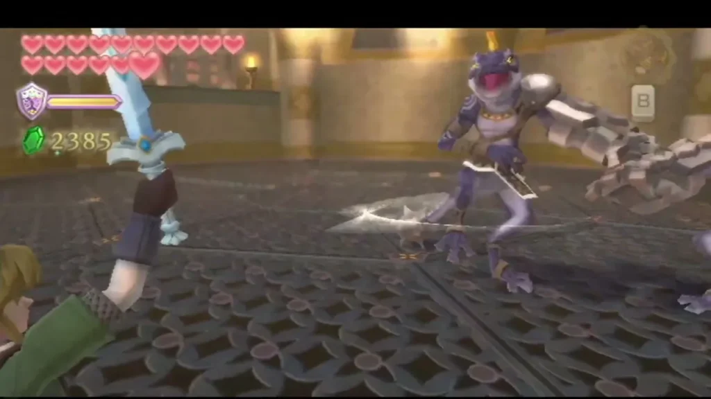 A purple armored lizard with a silver gauntlet lunges at Link across a patterned stone floor. A purple armored lizard with a silver gauntlet lunges at Link across a patterned stone floor.