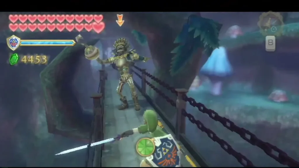 Link thrusts his sword along a Sky Keep bridge toward the armored robot, which raises a mace in reply. Link thrusts his sword along a Sky Keep bridge toward the armored robot, which raises a mace in reply.
