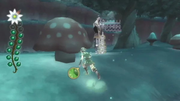 A stone Guardian with a pale glow stands beside a giant mushroom in the Faron Silent Realm. A stone Guardian with a pale glow stands beside a giant mushroom in the Faron Silent Realm.