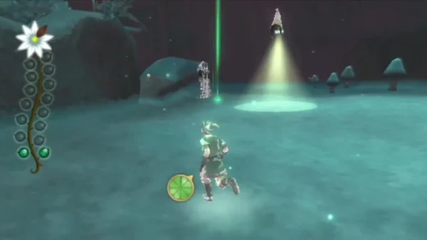 A white-robed Watcher hovers high above the ground, its yellow lantern beam lighting a patch of the trail. A white-robed Watcher hovers high above the ground, its yellow lantern beam lighting a patch of the trail.