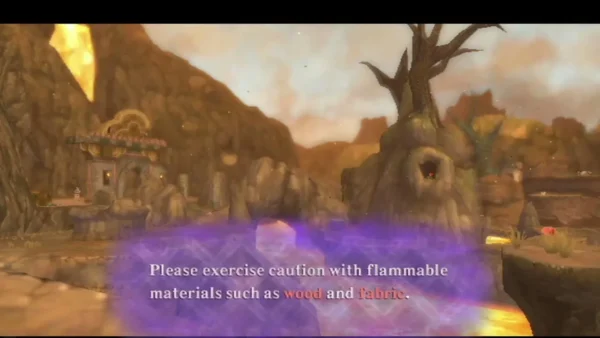 Fi warns about flammable wood and fabric as Link looks across the Eldin Volcano landscape of lava and dead trees. Fi warns about flammable wood and fabric as Link looks across the Eldin Volcano landscape of lava and dead trees.