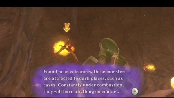 A burning Fire Keese flutters in a dark Eldin Volcano cave, with its box saying they burn anything on contact. A burning Fire Keese flutters in a dark Eldin Volcano cave, with its box saying they burn anything on contact.