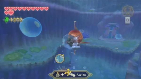 A Froak puffs up in the blue waters of Lake Floria, its orange body bristling with quills A Froak puffs up in the blue waters of Lake Floria, its orange body bristling with quills