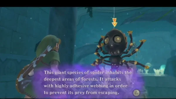 A giant spider hanging from a thread above a stone floor in Skyview Temple, Link watching A giant spider hanging from a thread above a stone floor in Skyview Temple, Link watching
