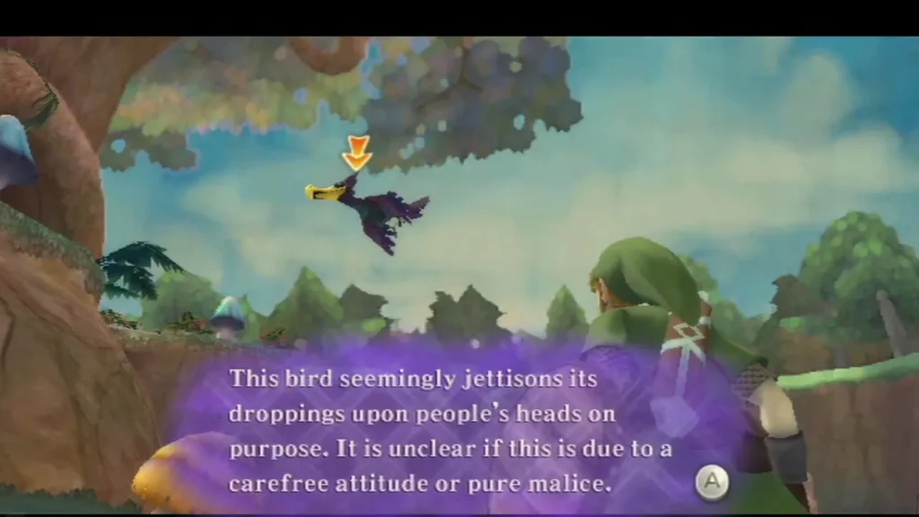 Fi scans a dark purple Guay over Faron Woods and says it drops its dung on people on purpose Fi scans a dark purple Guay over Faron Woods and says it drops its dung on people on purpose
