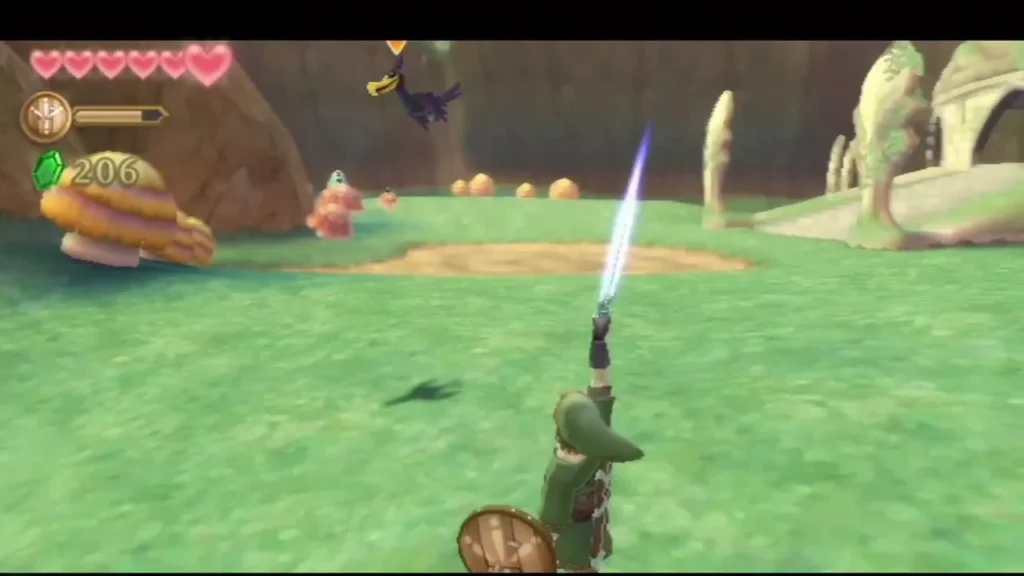 Link raises his sword toward a dark purple Guay flying above the grass in Faron Woods Link raises his sword toward a dark purple Guay flying above the grass in Faron Woods