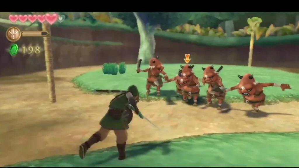 Link runs at a pack of red Bokoblins with their clubs ready on a grassy Faron Woods clearing Link runs at a pack of red Bokoblins with their clubs ready on a grassy Faron Woods clearing