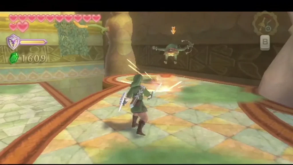 Link slashes at a Bokoblin archer aiming from a ledge across a tiled floor in the Ancient Cistern Link slashes at a Bokoblin archer aiming from a ledge across a tiled floor in the Ancient Cistern