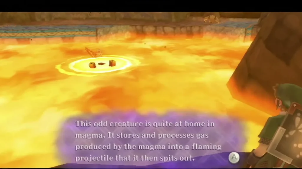 Fi scans a Magma Spume sitting in the lava of the Earth Temple, which spits flaming projectiles Fi scans a Magma Spume sitting in the lava of the Earth Temple, which spits flaming projectiles