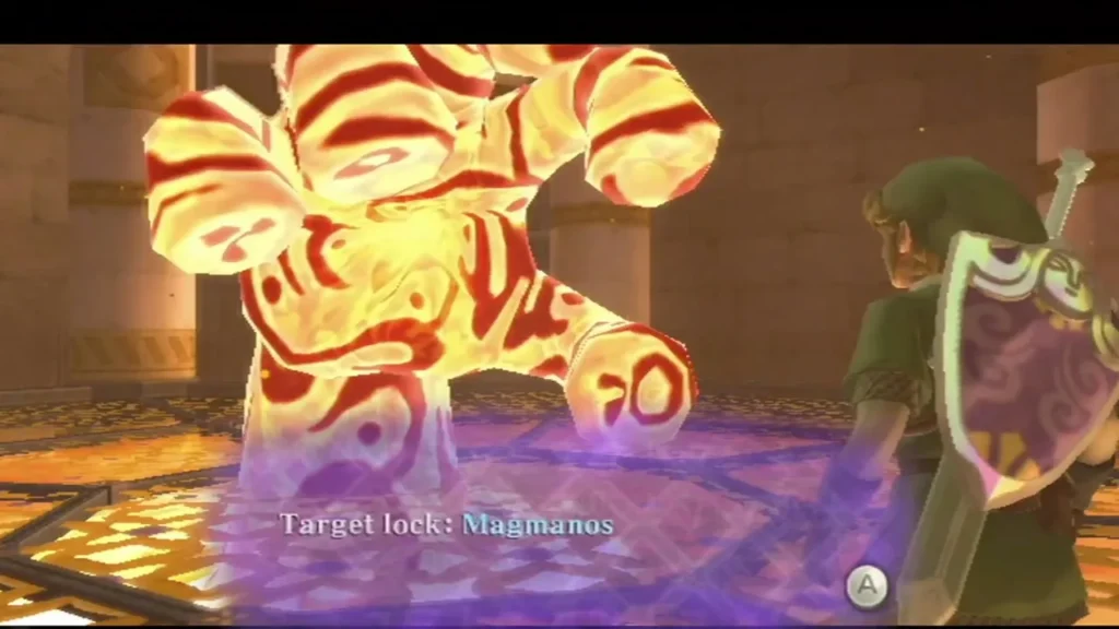 Link locks onto a Magmanos, a hand of molten rock whose fiery body glows above the octagonal lava arena. Link locks onto a Magmanos, a hand of molten rock whose fiery body glows above the octagonal lava arena.