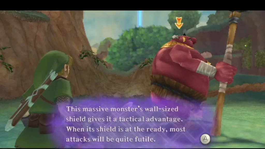 A box explains the Moblin's wall-sized shield gives it a tactical advantage, with the Moblin behind it. A box explains the Moblin's wall-sized shield gives it a tactical advantage, with the Moblin behind it.