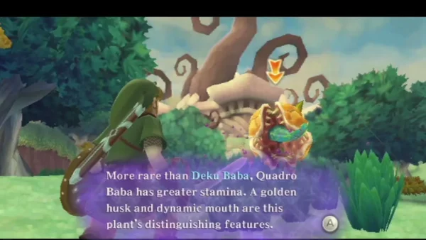 Link faces a Quadro Baba with a golden husk and open mouth, while Fi's box describes its greater stamina. Link faces a Quadro Baba with a golden husk and open mouth, while Fi's box describes its greater stamina.