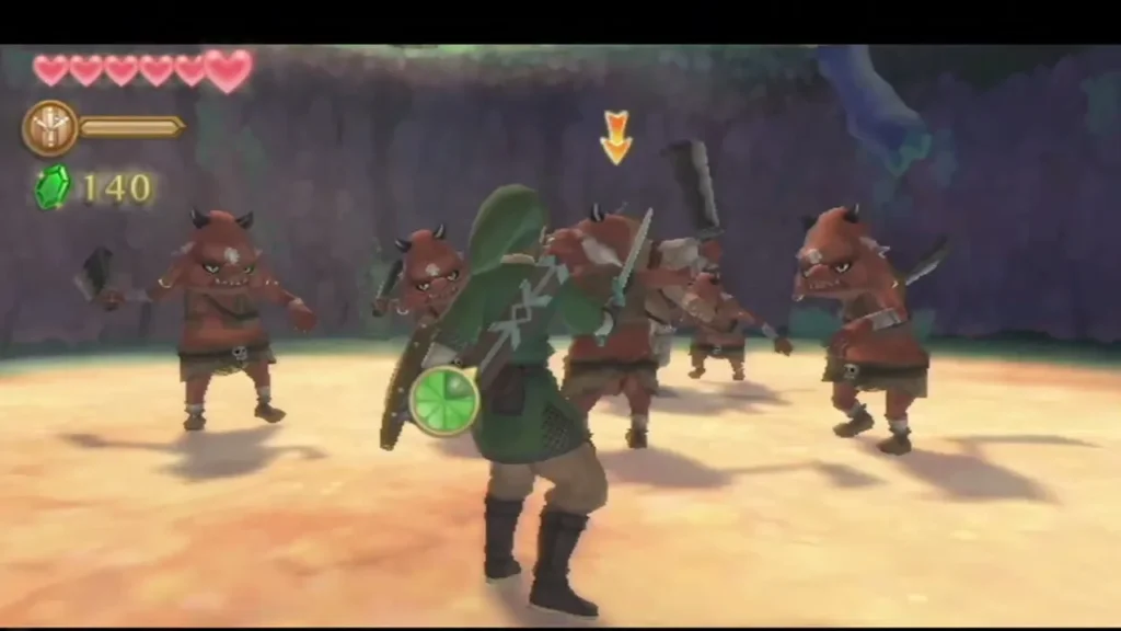 Link faces a crowd of red Bokoblins in a sandy arena, most of them carrying clubs or blades. Link faces a crowd of red Bokoblins in a sandy arena, most of them carrying clubs or blades.