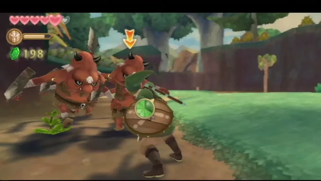 Link raises his shield against a pack of red Bokoblins with clubs on a Faron Woods path. Link raises his shield against a pack of red Bokoblins with clubs on a Faron Woods path.