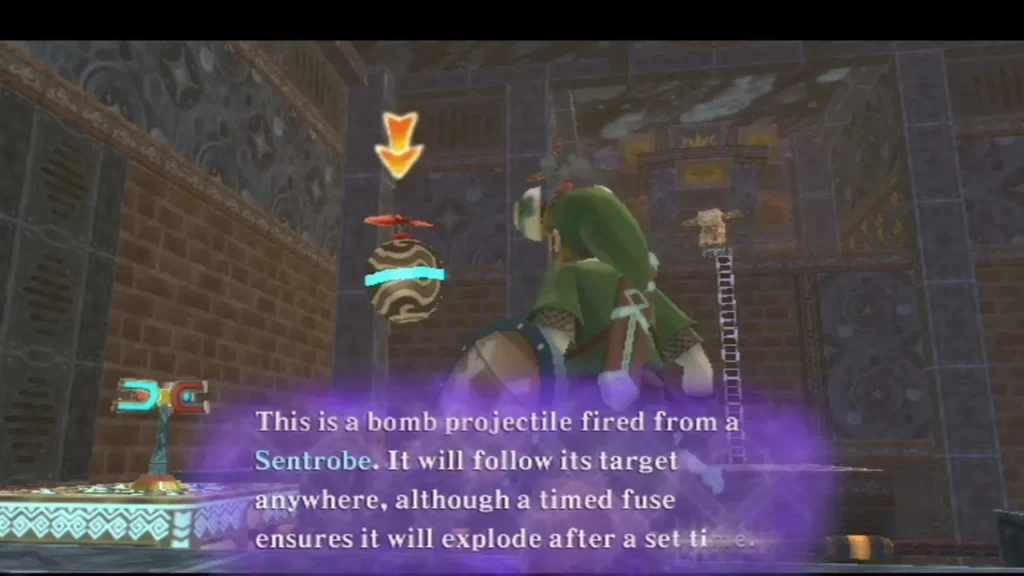 A bomb projectile hangs in a stone hall as a box says a Sentrobe fired it, following its target before the fuse ends. A bomb projectile hangs in a stone hall as a box says a Sentrobe fired it, following its target before the fuse ends.