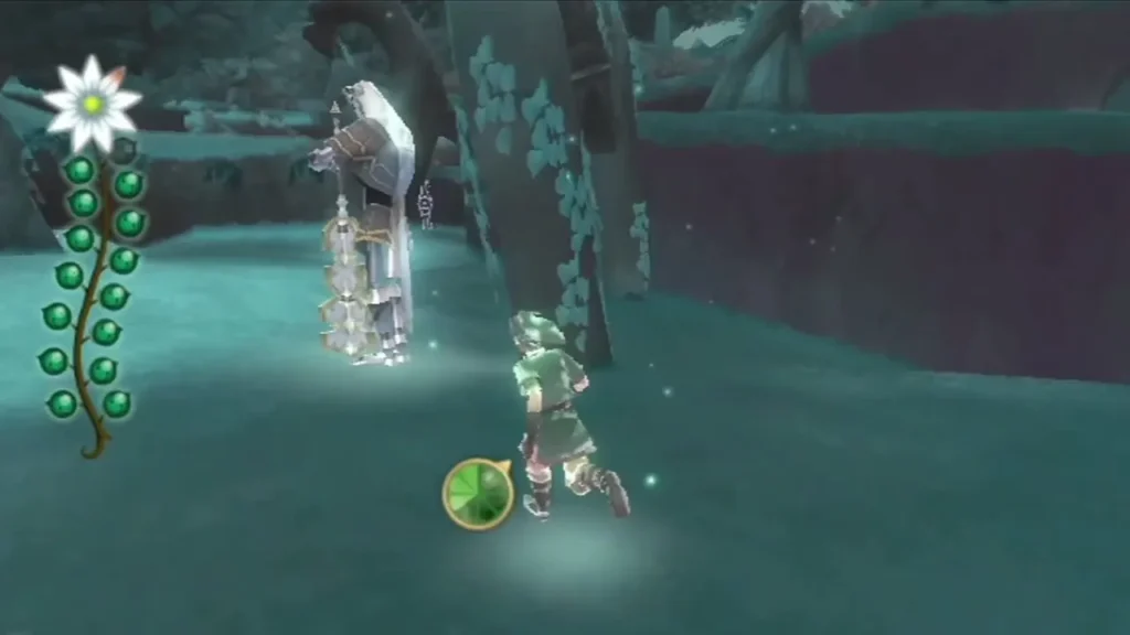 Link runs along a misty Silent Realm path as a silver Guardian stands beside the tree at the side of the trail. Link runs along a misty Silent Realm path as a silver Guardian stands beside the tree at the side of the trail.
