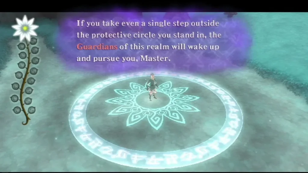 A caption warns that stepping outside the protective circle wakes the Guardians of the realm, who will pursue Link. A caption warns that stepping outside the protective circle wakes the Guardians of the realm, who will pursue Link.