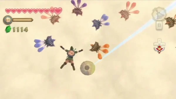 Link drops through open sky surrounded by colorful, leaf-finned floating Sky Octoroks. Link drops through open sky surrounded by colorful, leaf-finned floating Sky Octoroks.