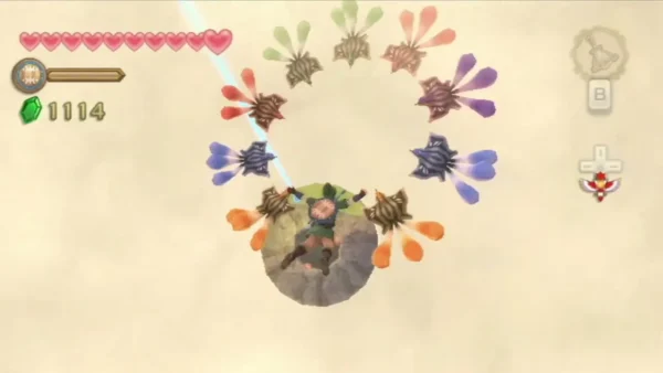 Link stands on a bare rock islet ringed by colorful, leaf-finned floating Sky Octoroks. Link stands on a bare rock islet ringed by colorful, leaf-finned floating Sky Octoroks.