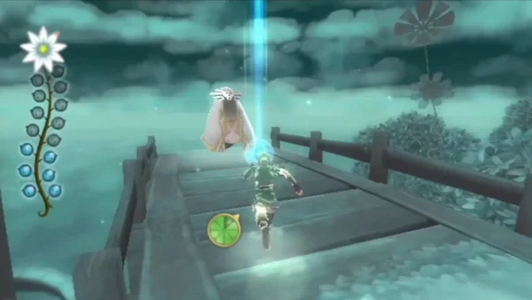 A white-robed Watcher hovers above a wooden bridge as Link runs across it, a blue light column behind. A white-robed Watcher hovers above a wooden bridge as Link runs across it, a blue light column behind.