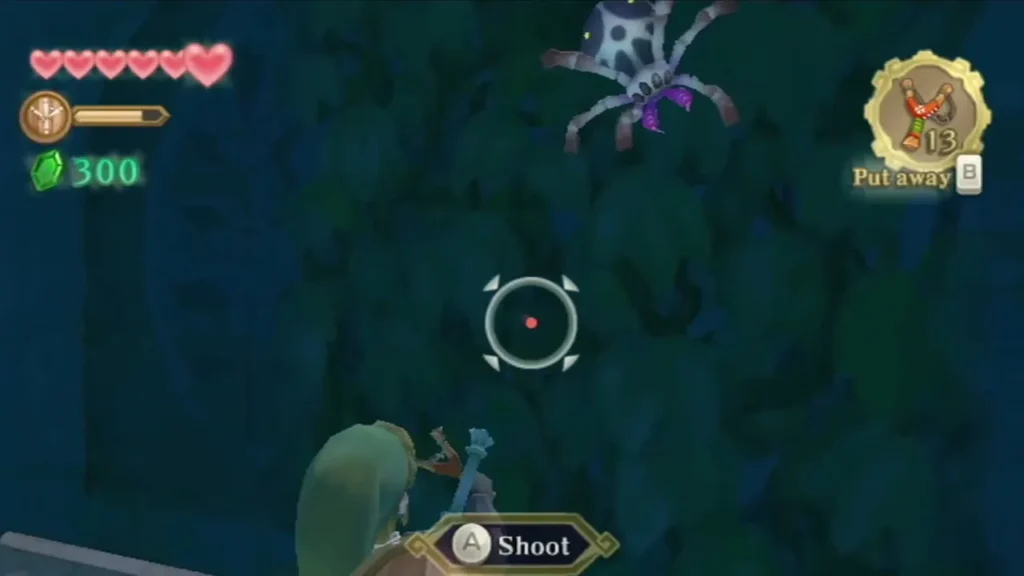 Link aiming a Slingshot at a Walltula high on a leafy wall, with the Shoot prompt on screen Link aiming a Slingshot at a Walltula high on a leafy wall, with the Shoot prompt on screen