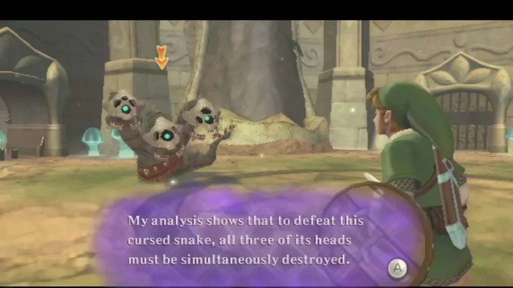 Three-headed Staldra with its skull heads raised in a Skyview Temple arena while Link stands nearby Three-headed Staldra with its skull heads raised in a Skyview Temple arena while Link stands nearby