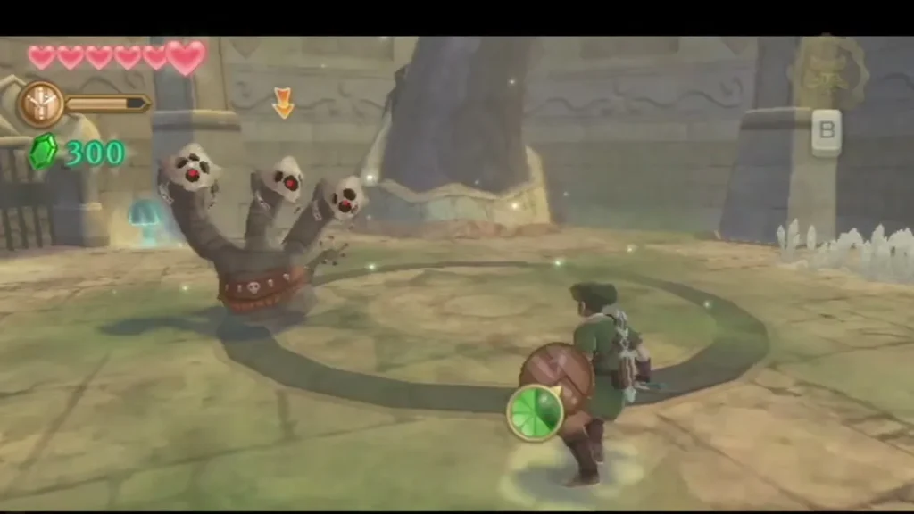 Three-headed Staldra with red-eyed skull heads in a circular Skyview Temple arena, Link standing at its edge Three-headed Staldra with red-eyed skull heads in a circular Skyview Temple arena, Link standing at its edge