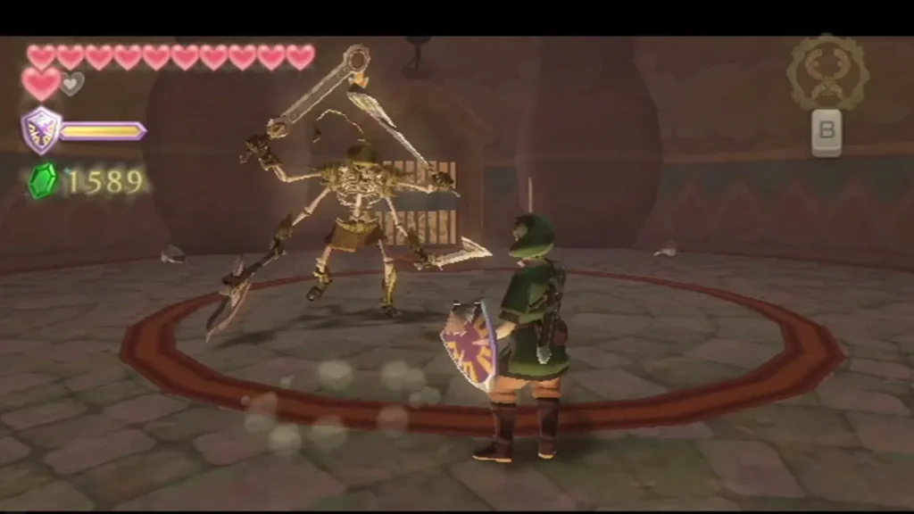 The Stalmaster unfolds extra arms with blades, and Link stands ready with his shield in the Ancient Cistern arena. The Stalmaster unfolds extra arms with blades, and Link stands ready with his shield in the Ancient Cistern arena.