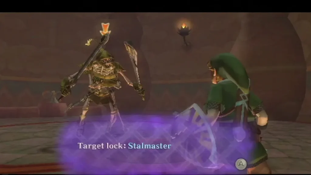 A target lock label names the Stalmaster, a skeletal warrior with blades, as Link faces it in the Ancient Cistern arena. A target lock label names the Stalmaster, a skeletal warrior with blades, as Link faces it in the Ancient Cistern arena.