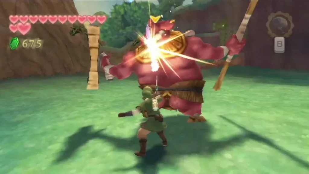 Link's sword strikes the Moblin's wooden shield in a burst of sparks on a grassy clearing. Link's sword strikes the Moblin's wooden shield in a burst of sparks on a grassy clearing.