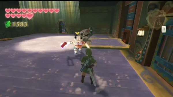 Link faces a Technoblin in white plated armor, its red electric baton raised, in a purple-floored room. Link faces a Technoblin in white plated armor, its red electric baton raised, in a purple-floored room.