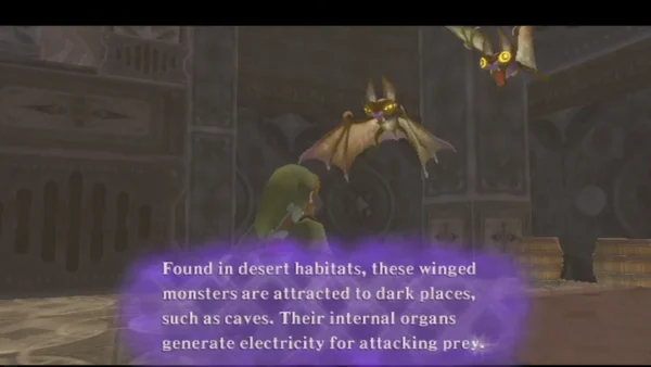 A Thunder Keese with glowing yellow eyes flies above Link as a box says its organs generate electricity. A Thunder Keese with glowing yellow eyes flies above Link as a box says its organs generate electricity.