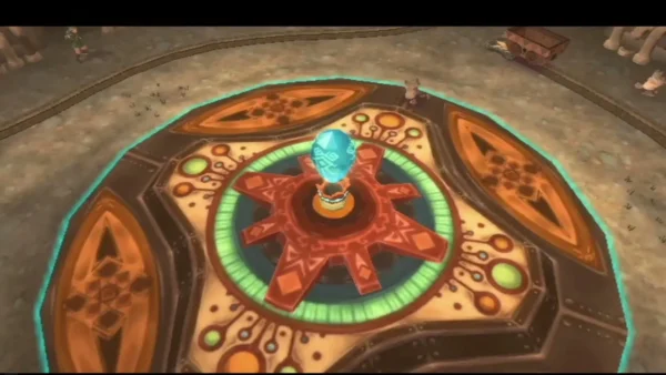 A glowing blue Timeshift Stone sits on a sigil in the Lanayru Mine, with a mine cart on the rails beyond. A glowing blue Timeshift Stone sits on a sigil in the Lanayru Mine, with a mine cart on the rails beyond.