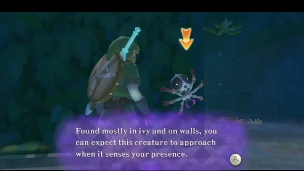 Link beside a Walltula clinging to an ivy-covered wall in Skyview Temple Link beside a Walltula clinging to an ivy-covered wall in Skyview Temple
