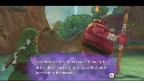 A red Moblin with a wooden shield stands before Link as a box warns that breaking its shield enrages it. A red Moblin with a wooden shield stands before Link as a box warns that breaking its shield enrages it.